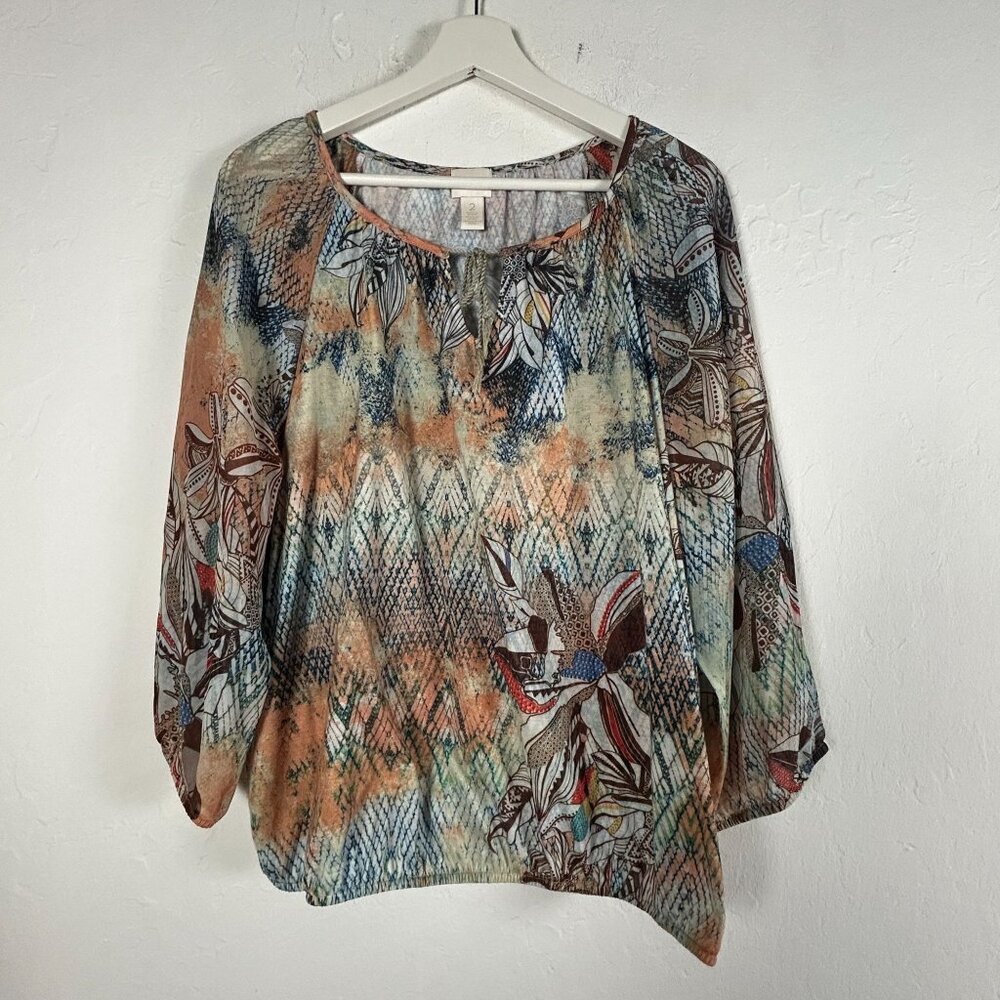 Chico's Womens Multicolor Printed 3/4 Sleeve Boho Peasant Blouse Size 2 Loose